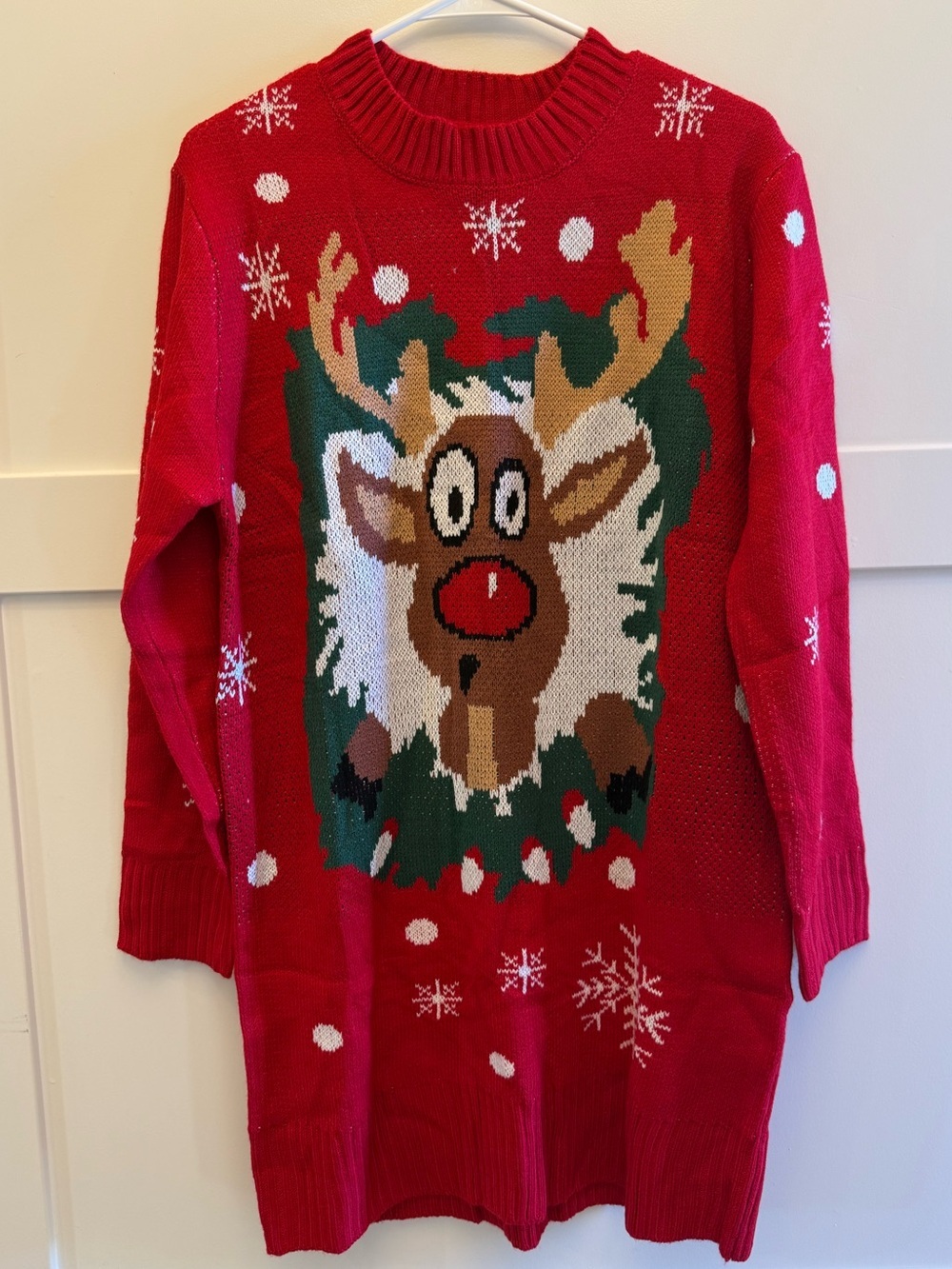 Ugly Christmas Sweater Mini Dress Reindeer Red Knit Tunic *SEE MEASUREMENTS